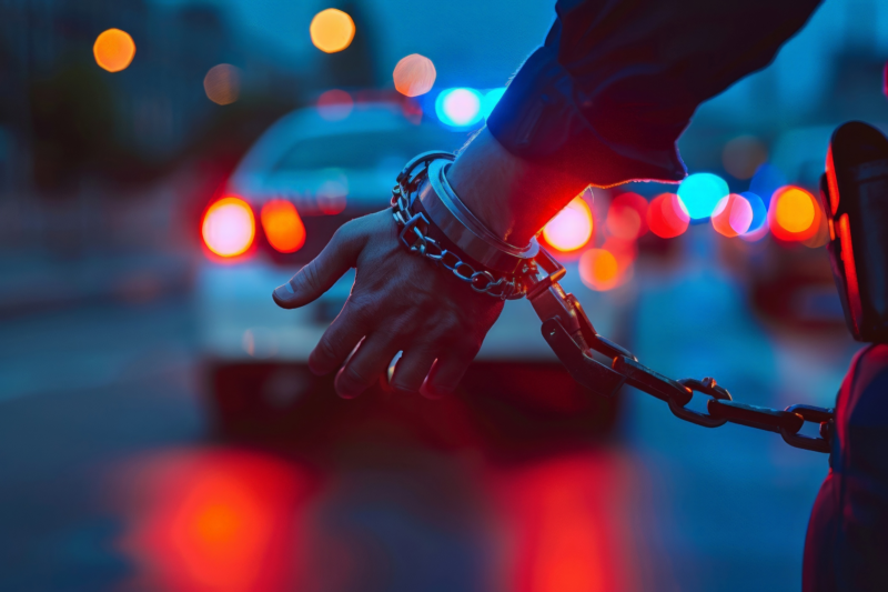 Person in handcuffs with police lights flashing in the background – representing misdemeanor arrest defense by The Law Office of Purav Bhatt, P.C. in Chicago.